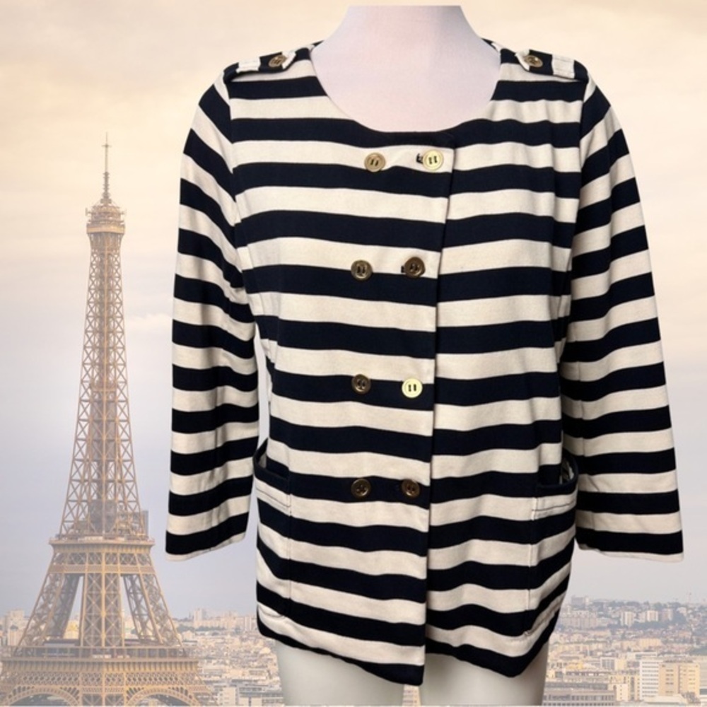 J. Crew Women’s Black & White Striped Nautical Blazer Parisian Style Size Medium